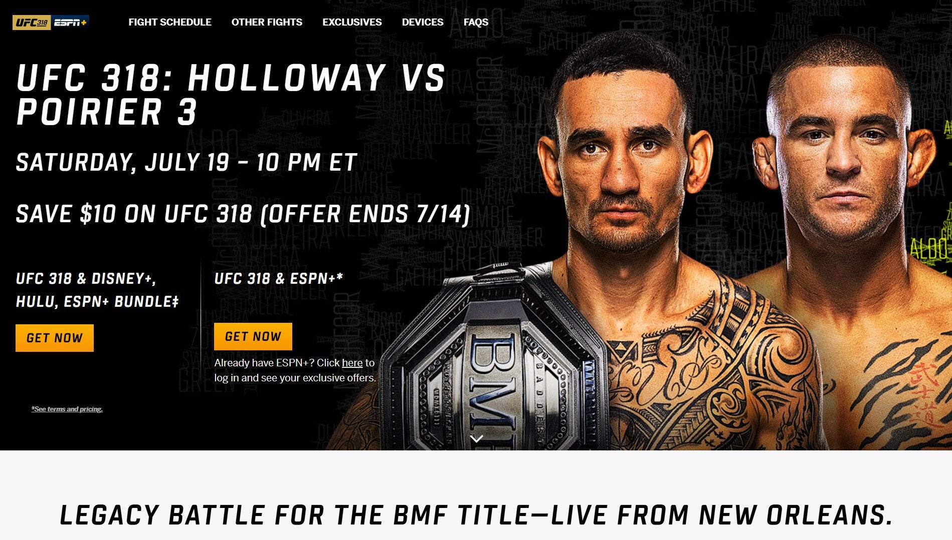 UFC 318 is on sale for $10 off the regular price for ESPN+ early bird customers.