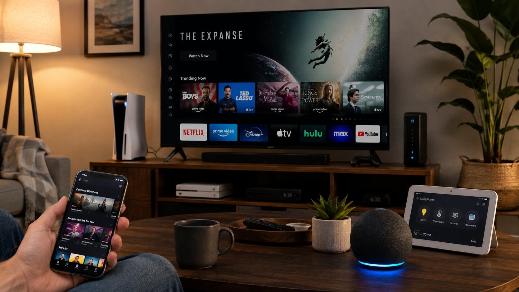 A living room with several media devices, and a summary of a study about how people in the US and Britain consume media.