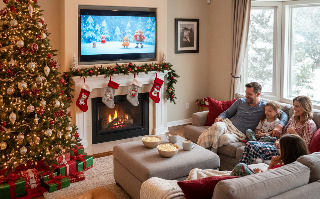 A family watching streaming together during the holidays.