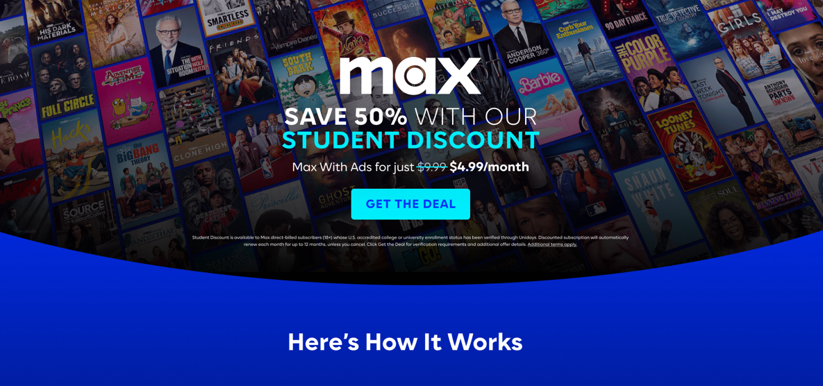 Max is allowing students who verify their status to get a monthly subscription for just $4.99