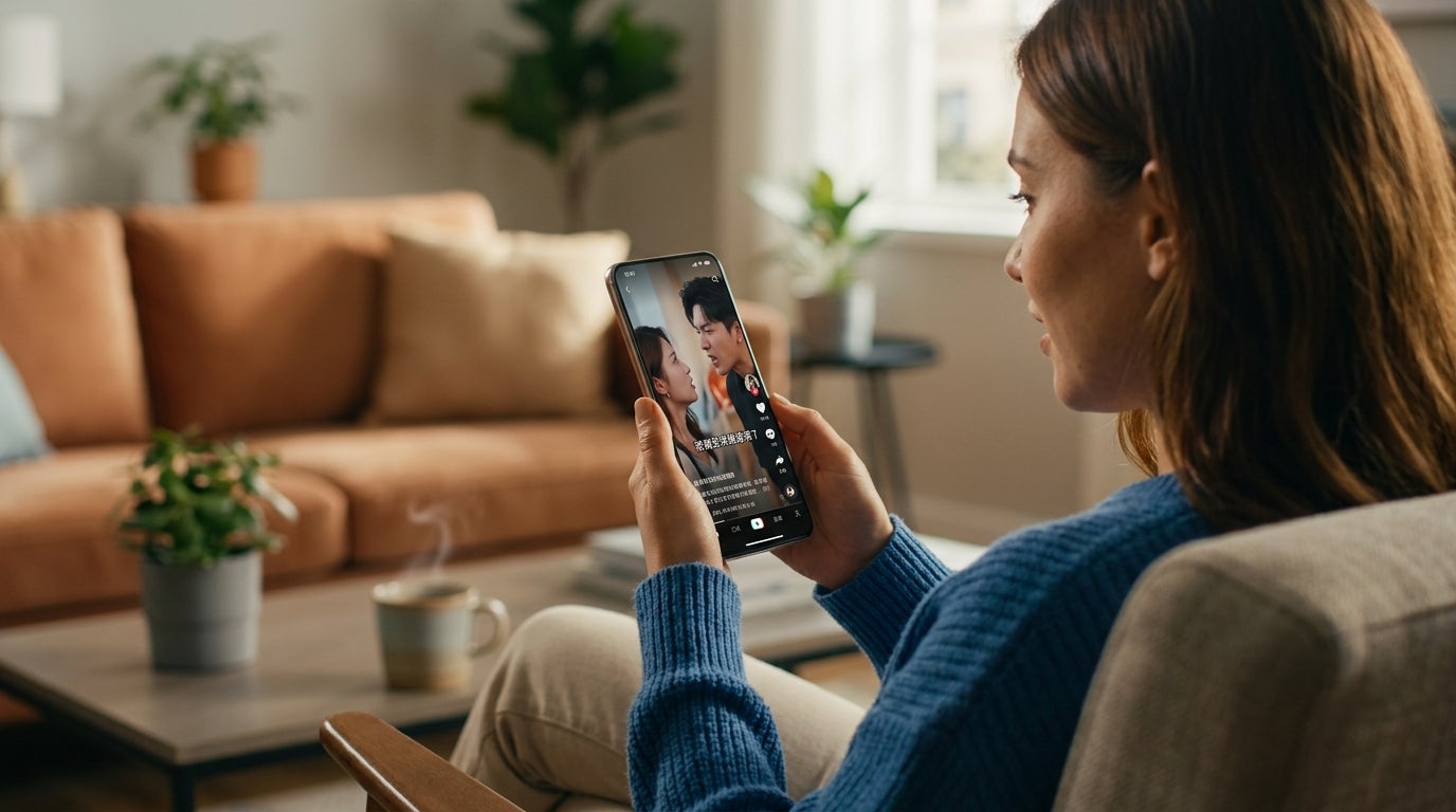 A woman streaming a microdrama, and data regarding short video viewing.