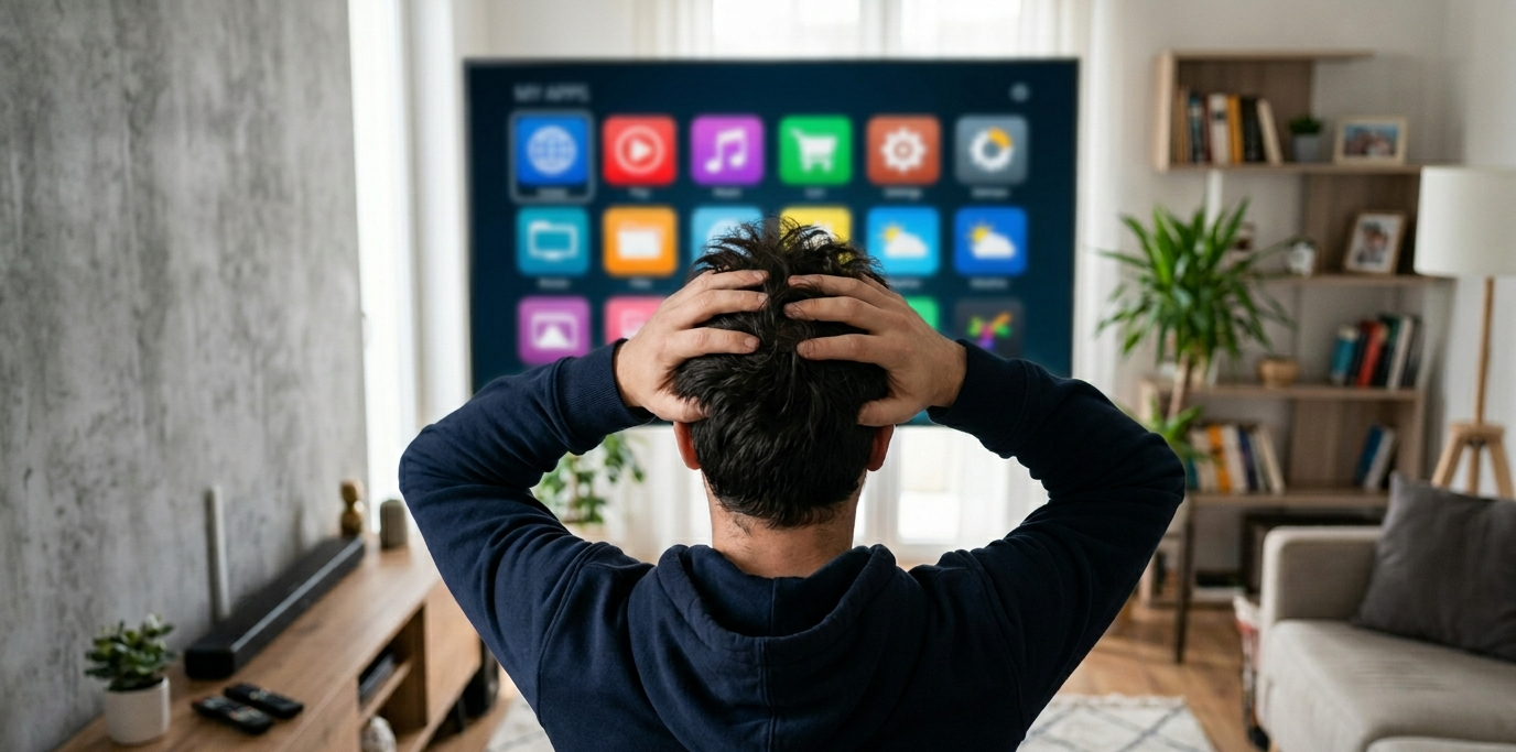 A frustrated man looks at a TV in a living room