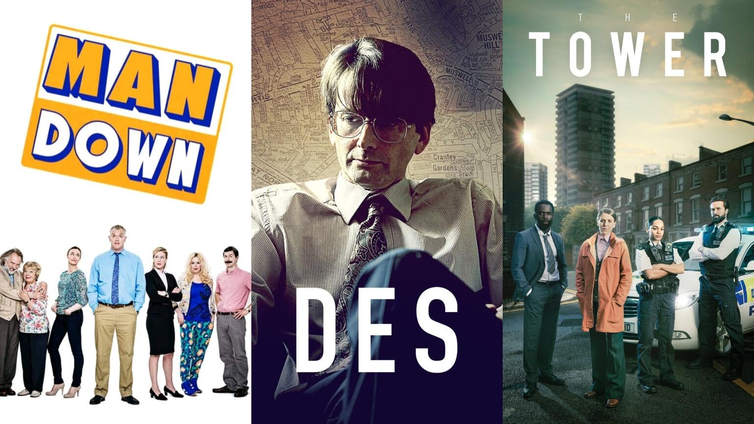 Posteres for "Man Down," "Des," and "The Tower," coming to BritBox in September.