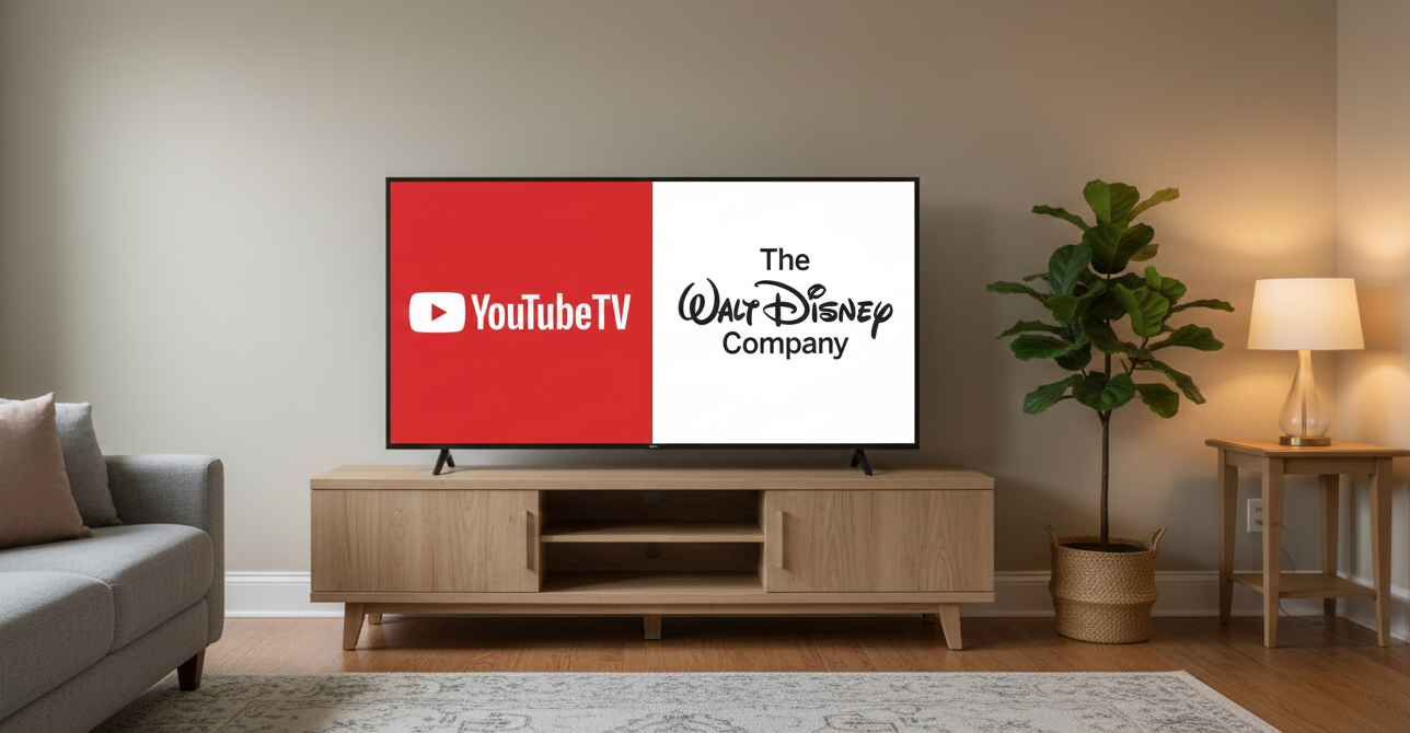A TV with Disney and YouTube TV logos