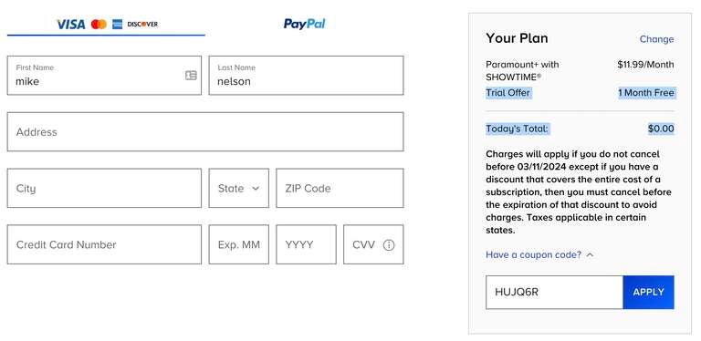 Paramount Plus Free Trial With Coupon Code Shown