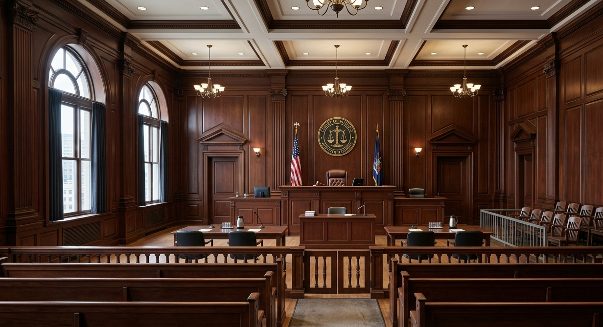 An empty courtroom, a reference to the lawsuit several state AGs have filed against the merger of Paramount and WBD.