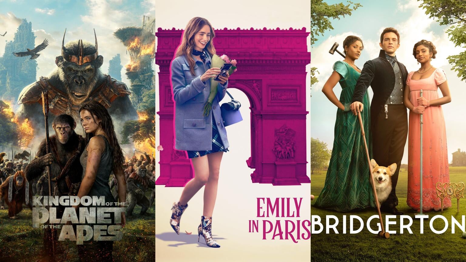 Posters for "Kingdom of the Planet of the Apes" and Netflix's "Emily in Paris" and "Bridgerton"