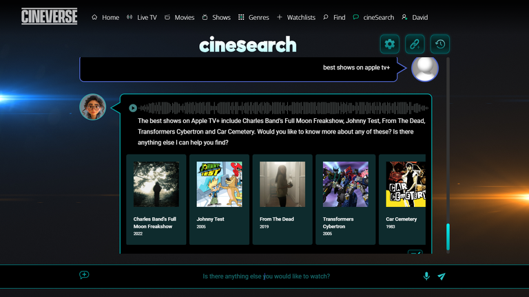 Cinesearch works better with streamer-specific inquiries if you link your subscription video accounts to Cineverse.