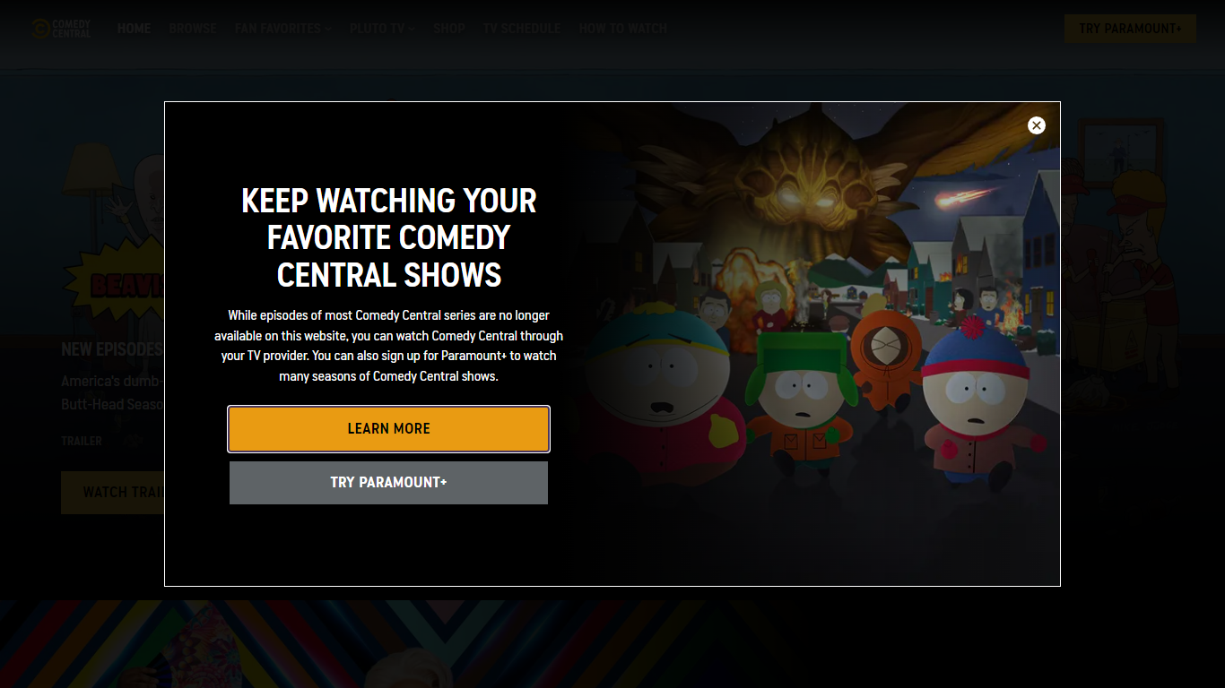 Comedy Central's website no longer houses a large library of video content, and is steering viewers to Paramount+.