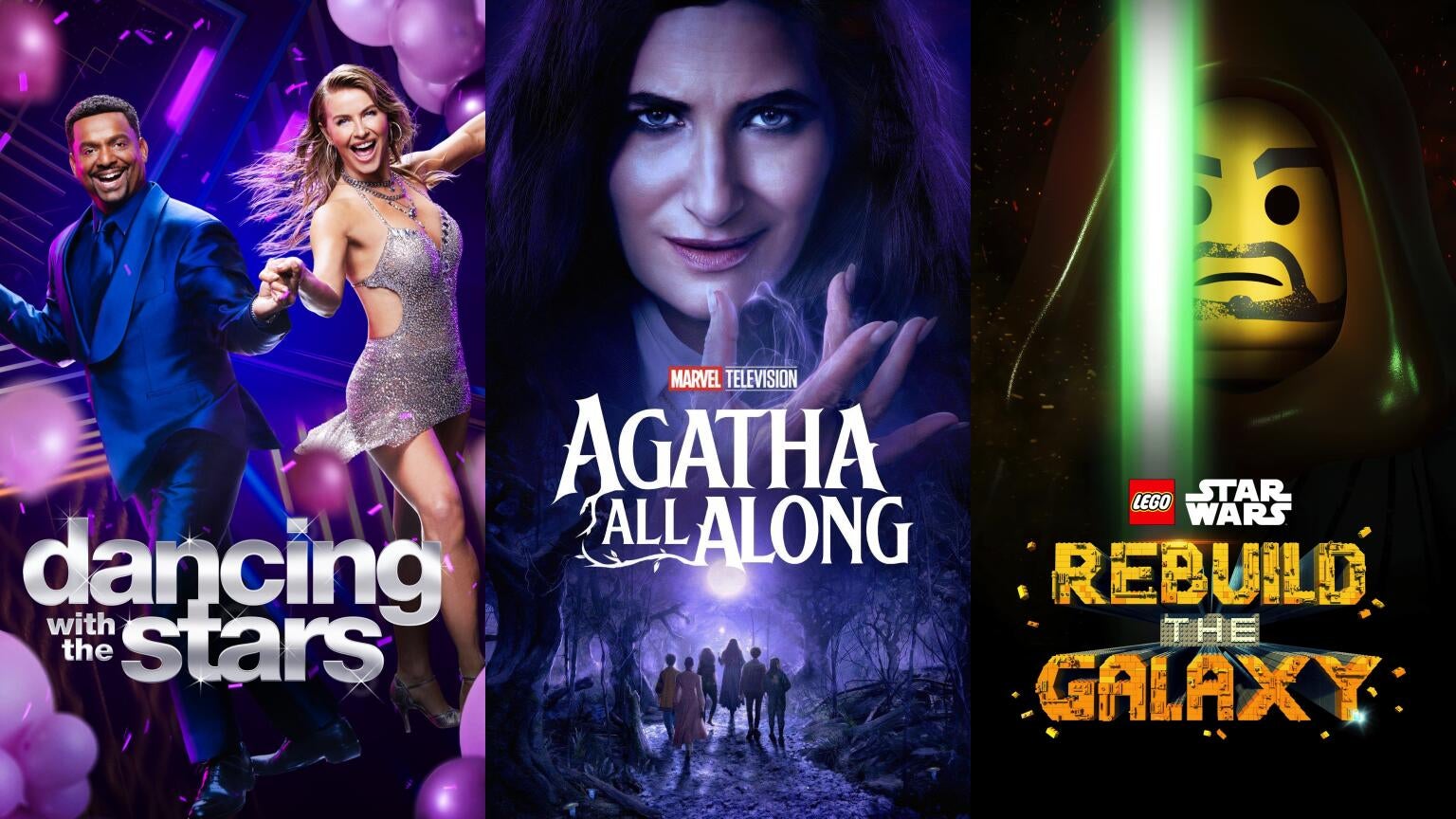 Posters for ABC's "Dancing with the Stars," Marvel Television's "Agatha All Along," and "LEGO Star Wars: Rebuild the Galaxy"