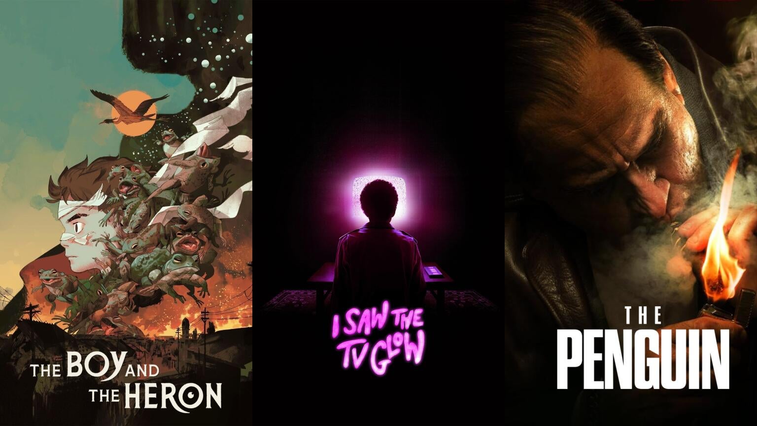 Posters for Studio Ghibli's "The Boy and the Heron," A24's "I Saw the TV Glow," and HBO's "The Penguin," coming to Max in September.