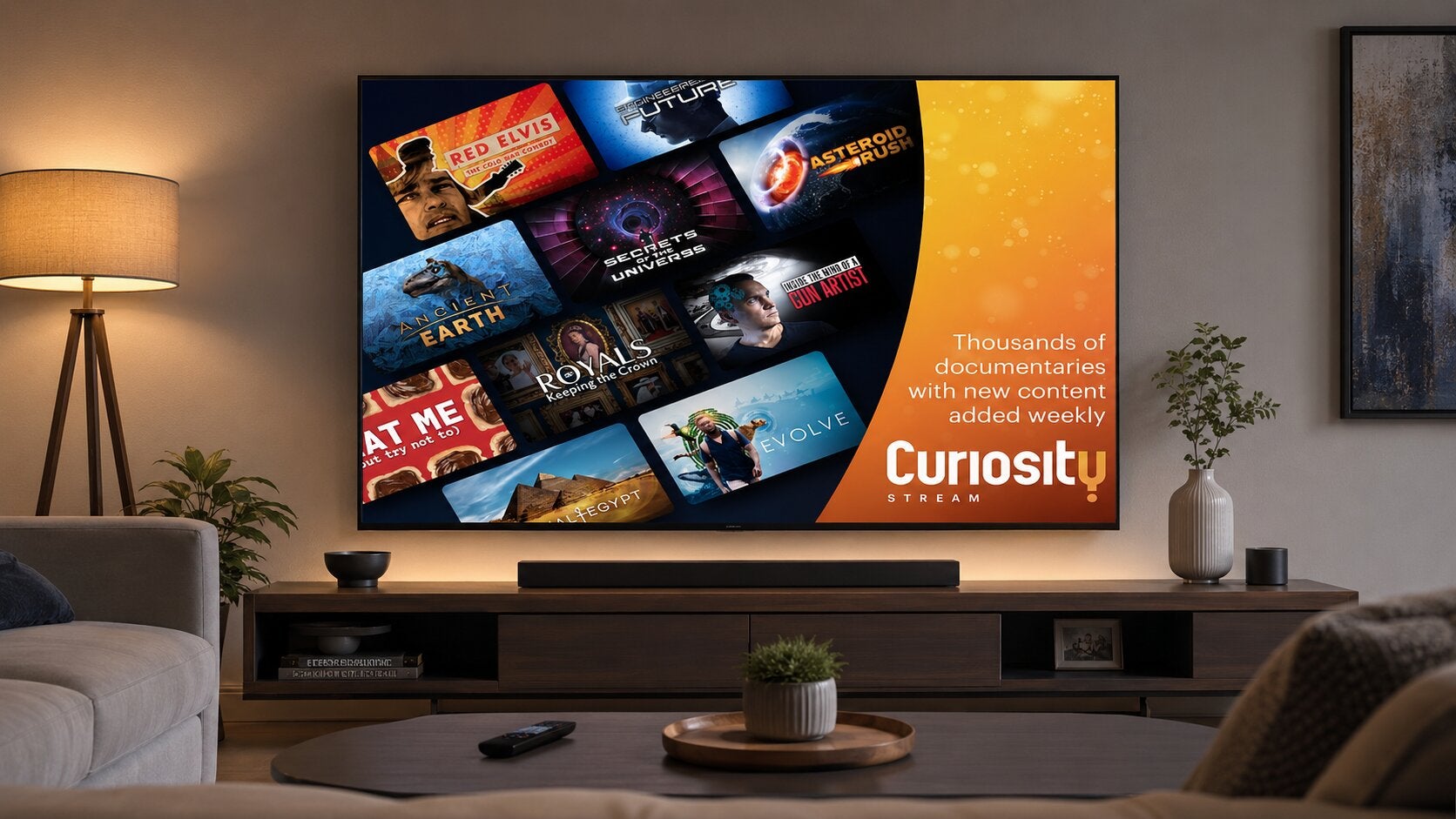 A TV with Curiosity Stream on it, and a deal for 72% off a lifetime subscription.