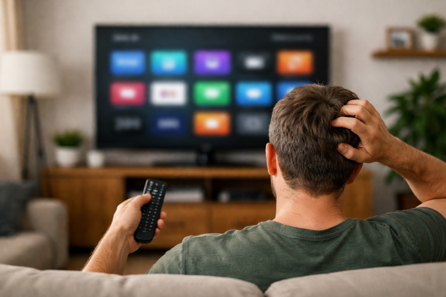 A confused person watching TV in a living room.