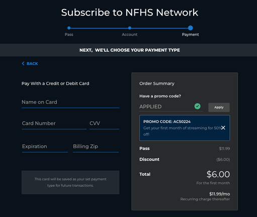 Screenshot of 50% Off NFHS