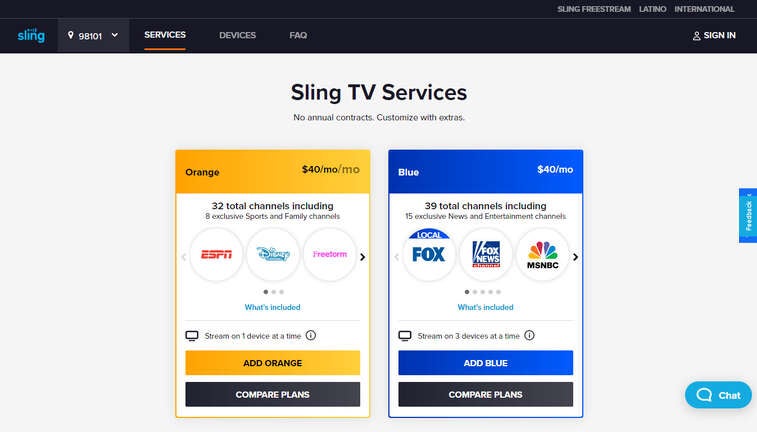 Comparison of Sling's Orange and Blue plans together.