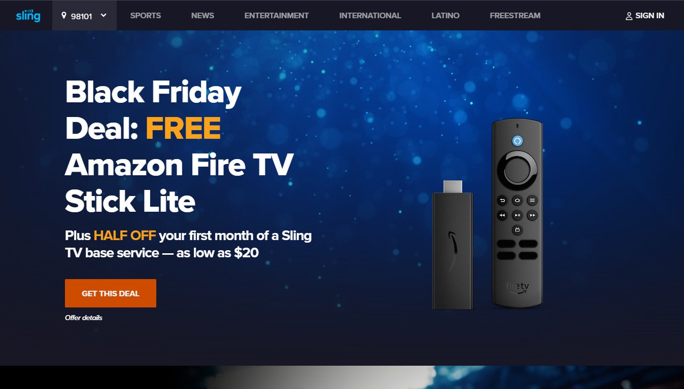 For a limited time, new customers can get 50% off their first month of Sling TV plus an Amazon Fire TV Stick Lite free