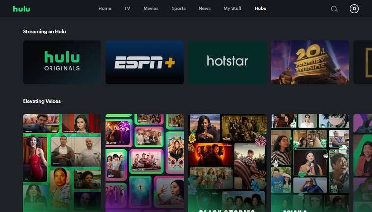 A screenshot of content hubs available on Hulu