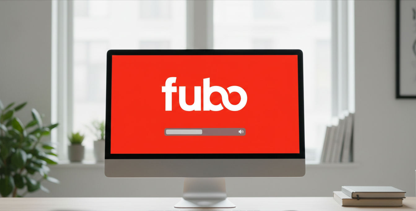 The Fubo logo on a screen with a volume indicator.