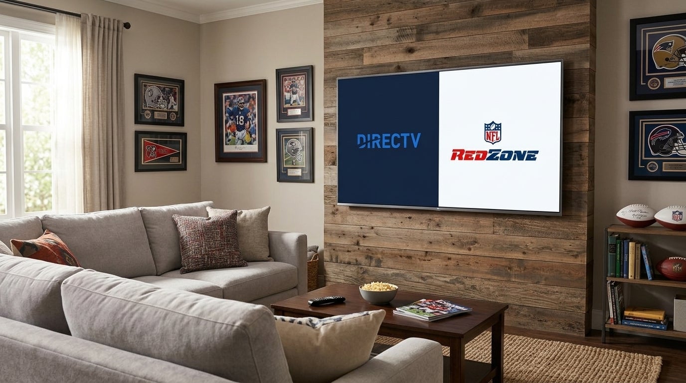The DIRECTV and NFL RedZone logos on a TV screen.