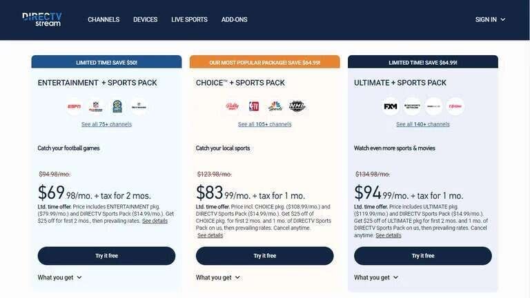 A picture of deals available from DIRECTV STREAM currently