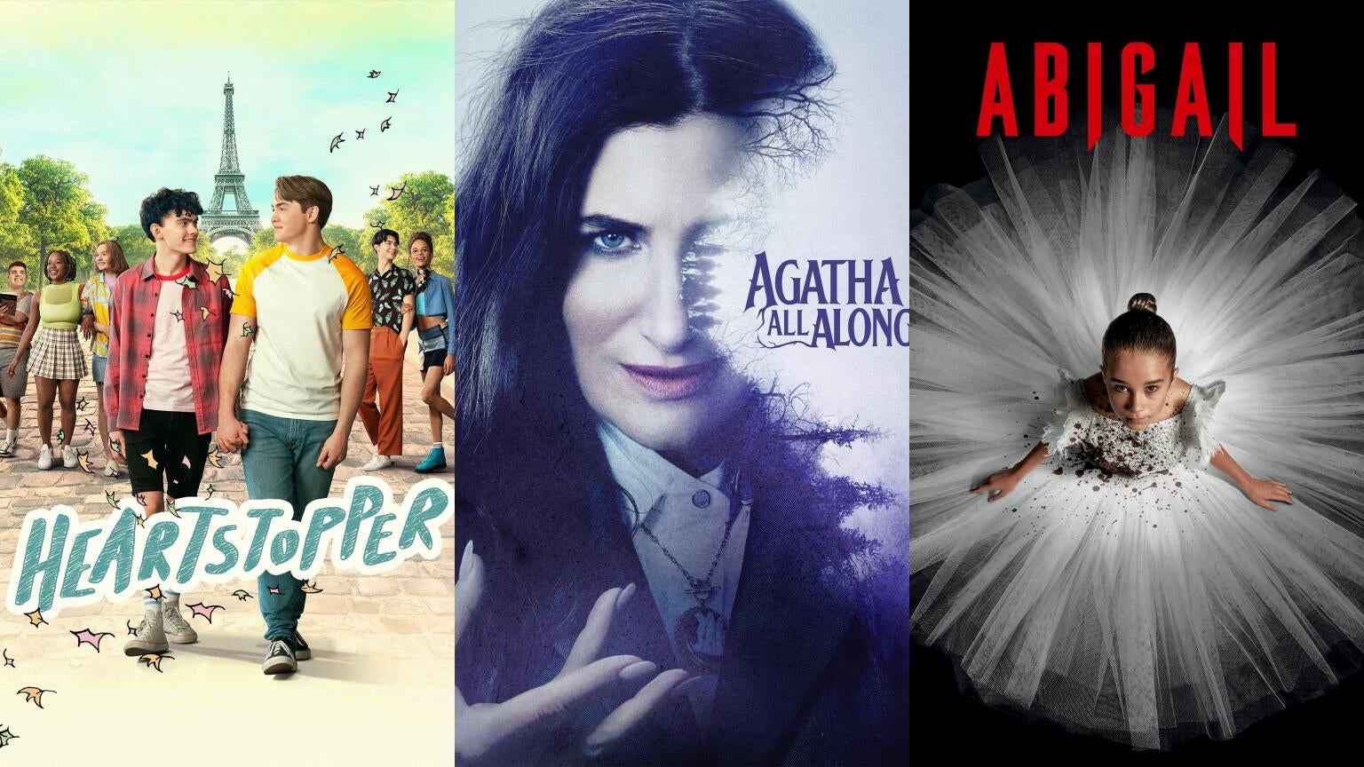 Posters for Netflix's "Hearstopper," Disney+'s "Agatha All Along," and Universal Pictures' "Abigail"