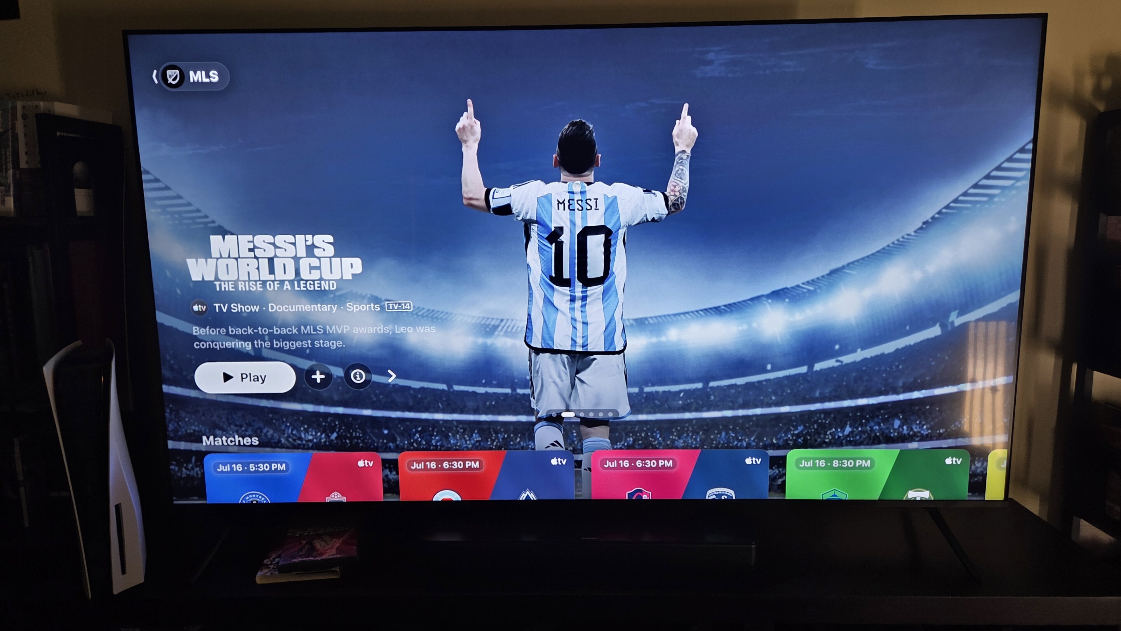 Apple TV's MLS content hub, with an explanation on the availabilty of live content with an account.
