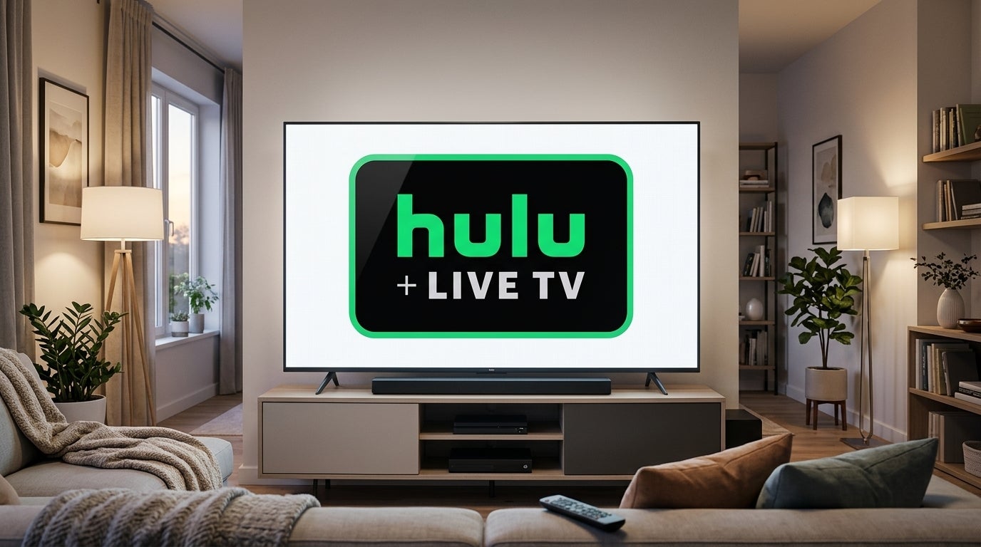 Hulu + Live TV on a TV screen in a living room, and details about its ad plans.