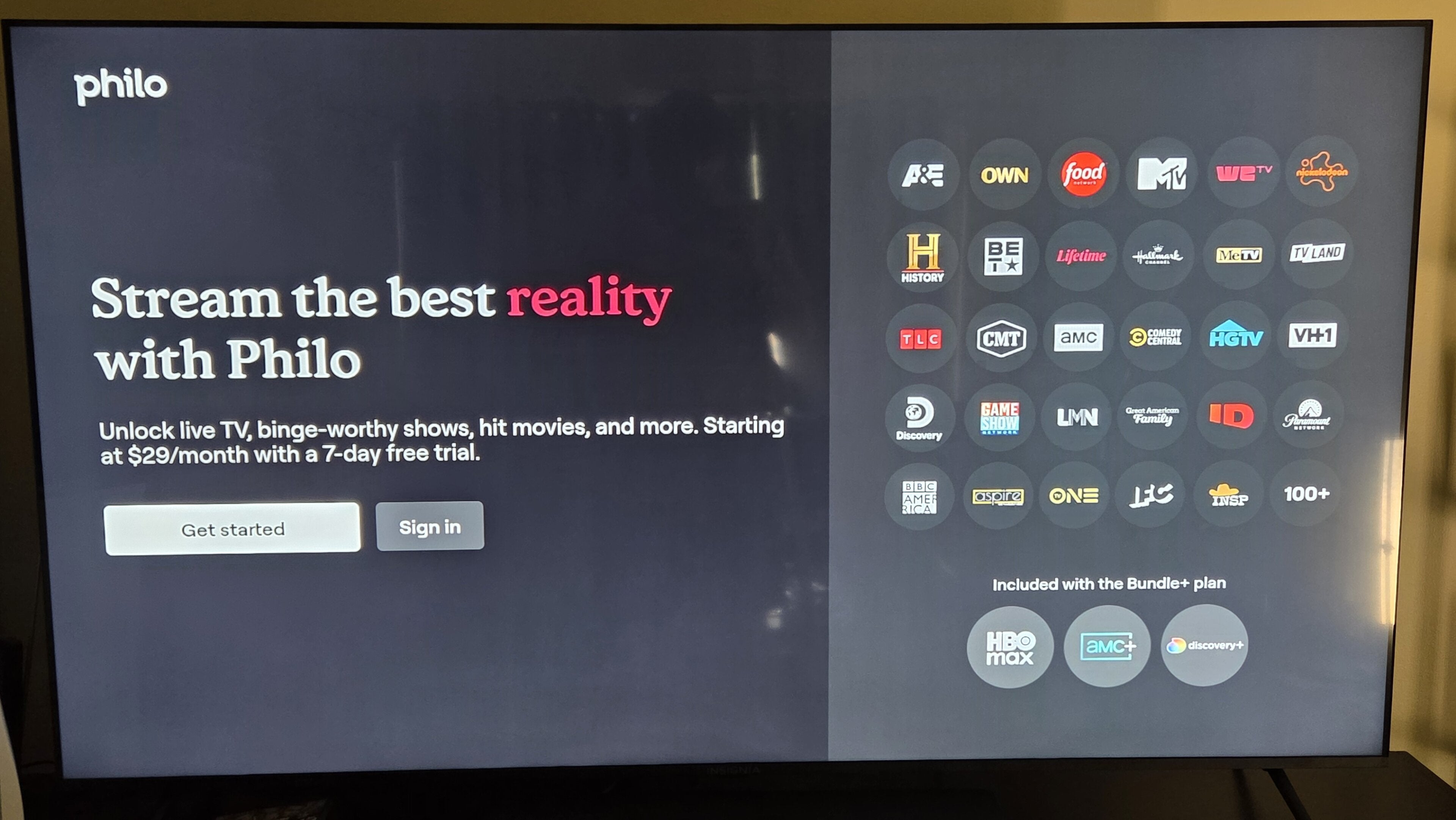 The Philo sign-in screen on a smart TV, and an explainer on whether the streamer offers local channels.