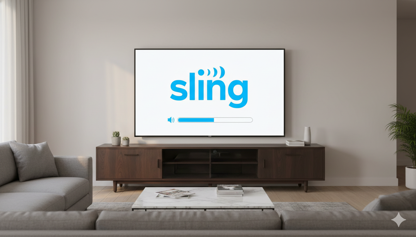 Sling TV on a screen with a volume bar.