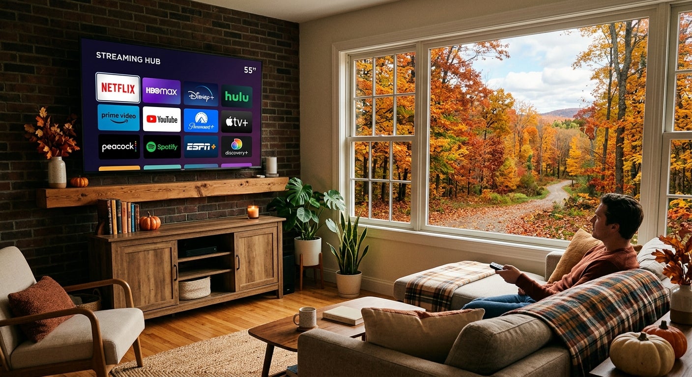 A man watching streaming apps during the fall, which is peak streaming season.
