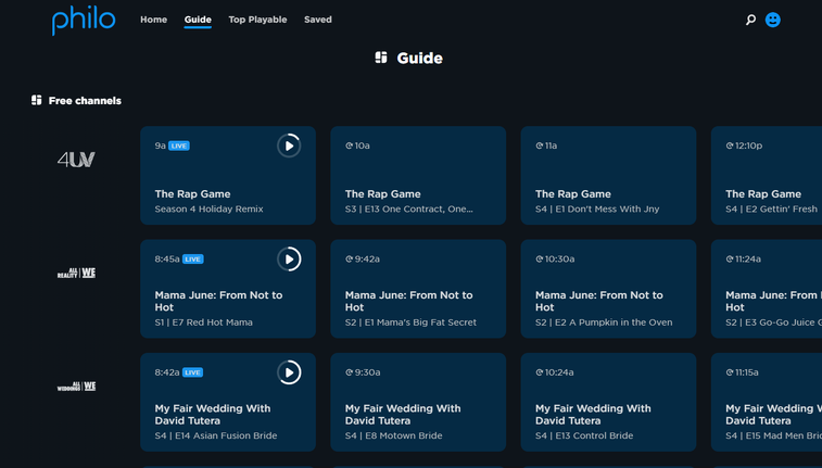 Philo Free's channel guide moves favorited networks right to the top of the list.