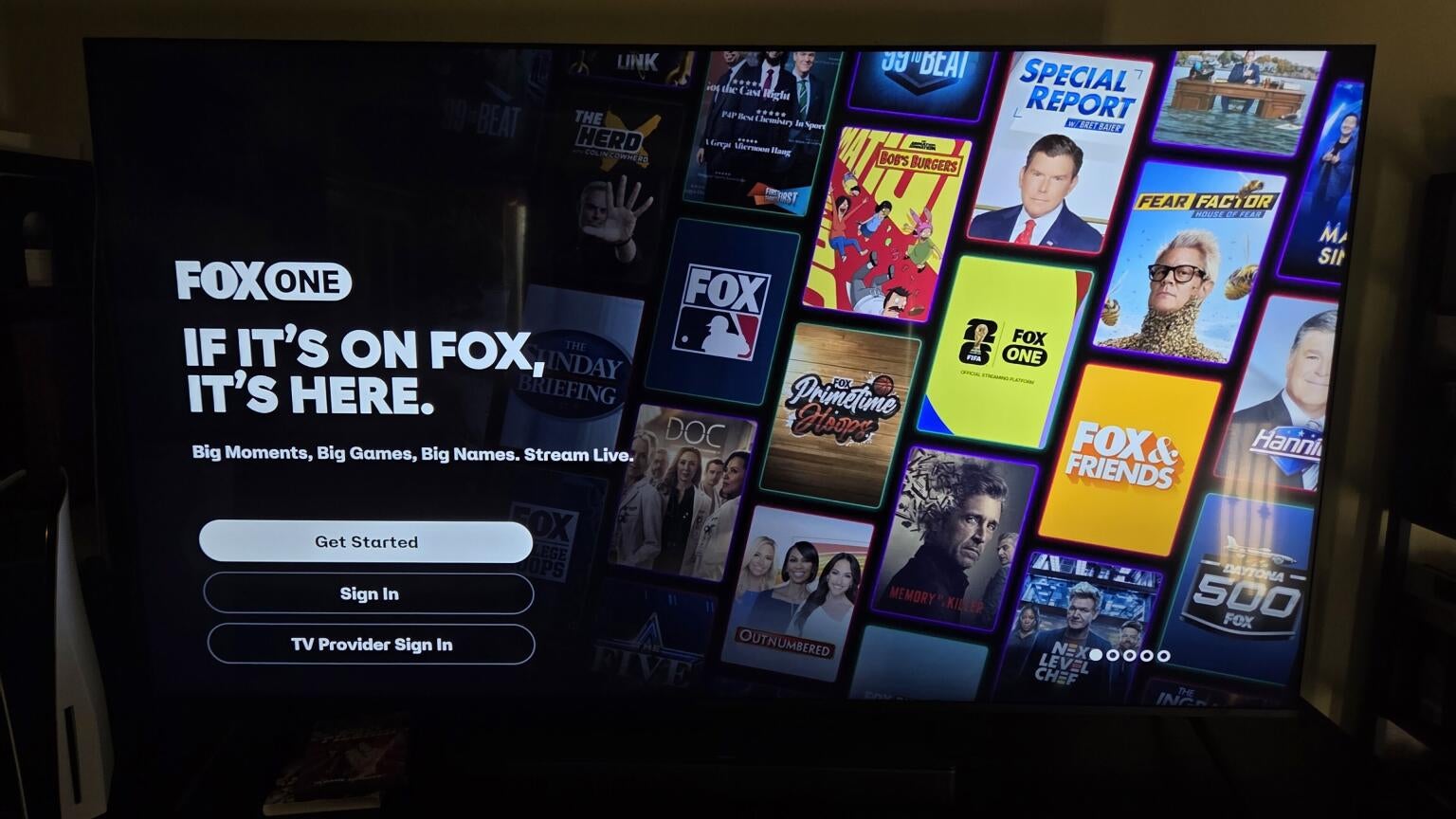 The Fox One app on a TV screen, and instructions for how to cancel.
