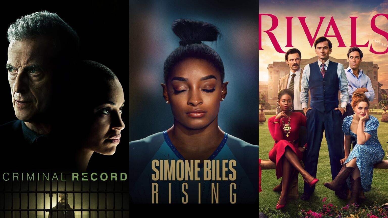 Posters for Apple TV+'s "Criminal Record," Netflix's "Simone Biles Rising," and Hulu and Disney+'s "Rivals"