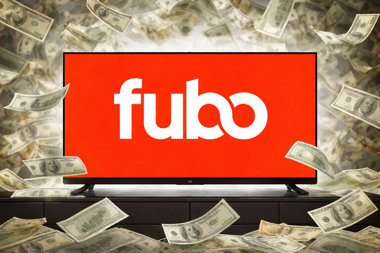 The Fubo logo on a TV against a backdrop of cash.