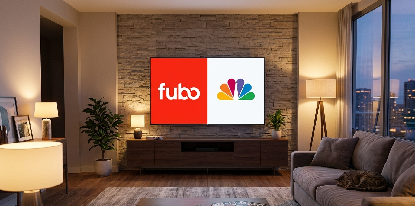 The Fubo and NBC logos together on a TV screen, indicating their reunion thanks to a new carriage deal.