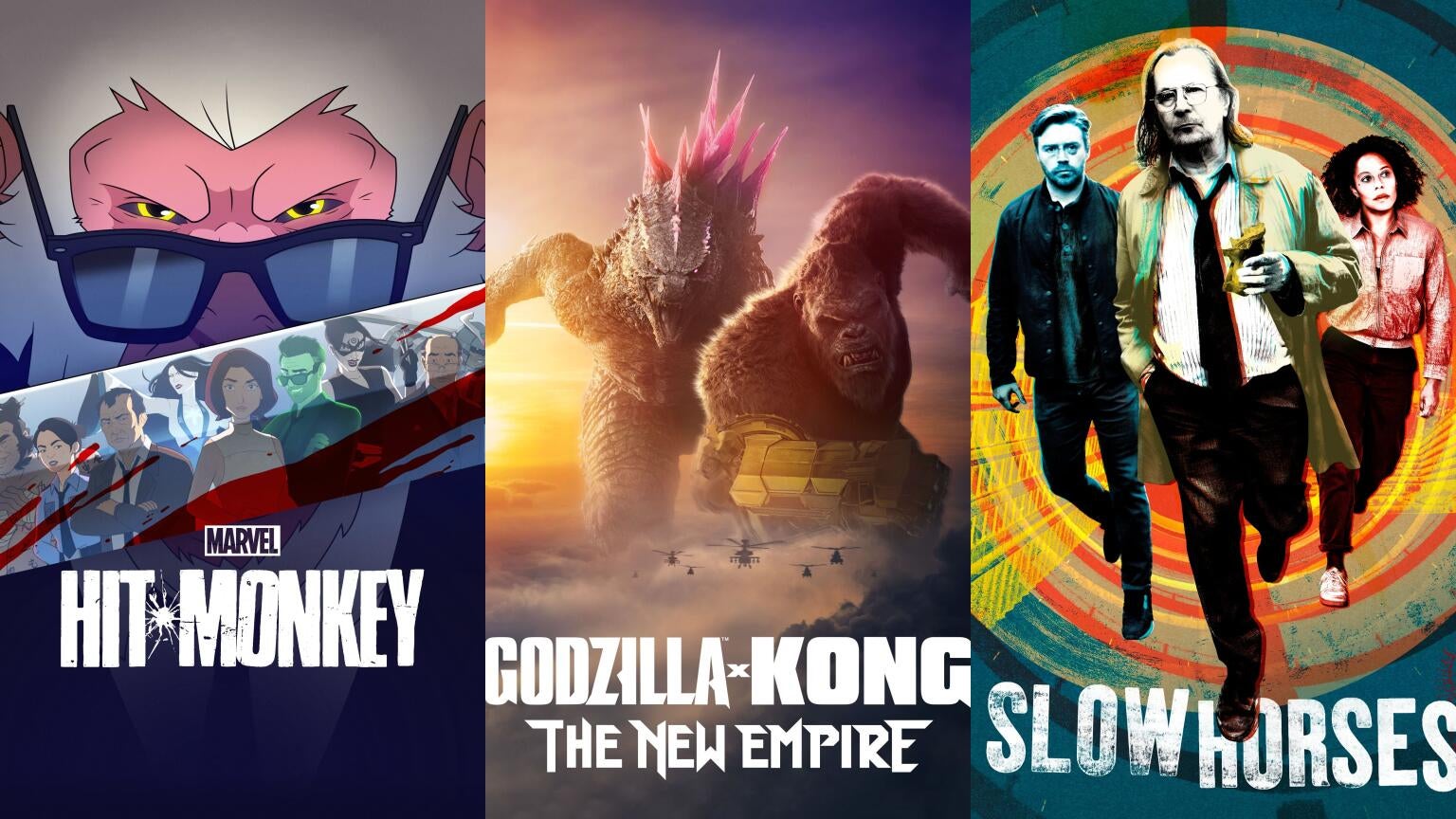 Posters for Hulu's "Hit-Monkey," Warner Bros.' "Godzilla x Kong: The New Empire," and Apple TV+'s "Slow Horses"