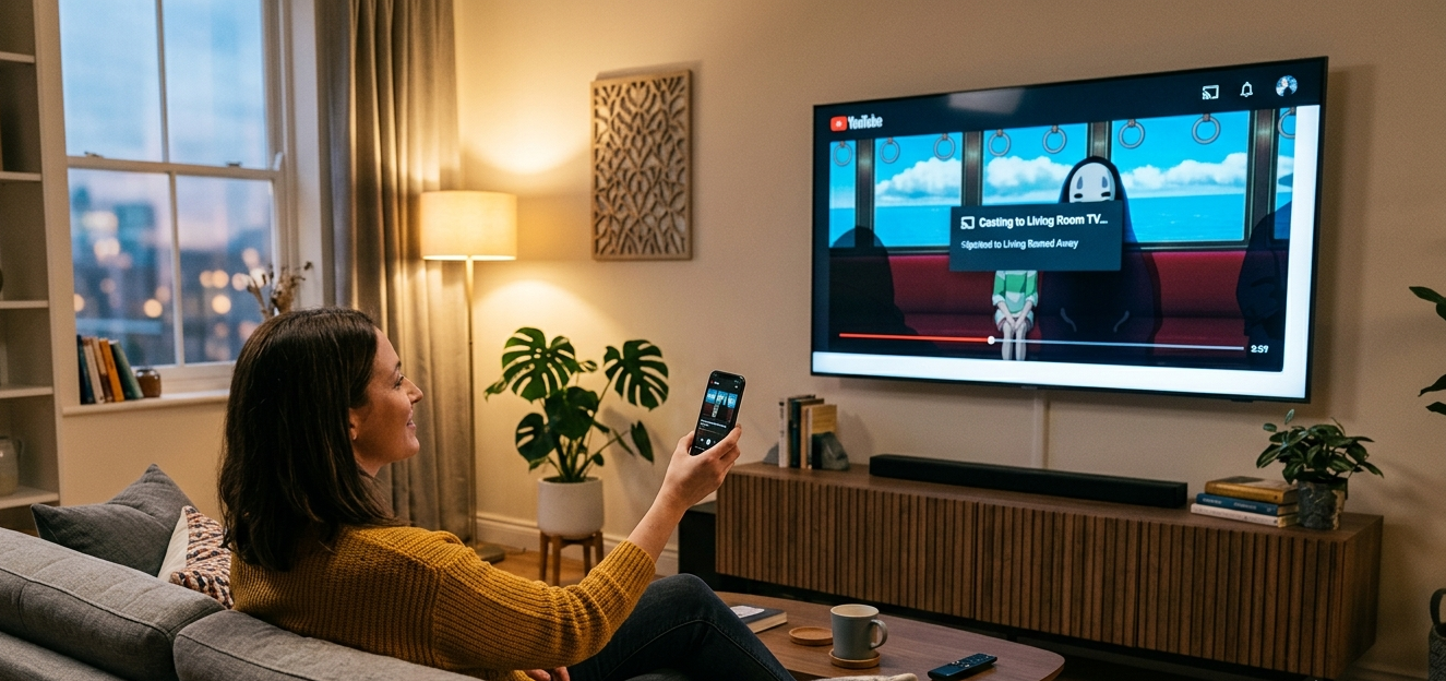 A woman casting from phone to TV with Google Cast.