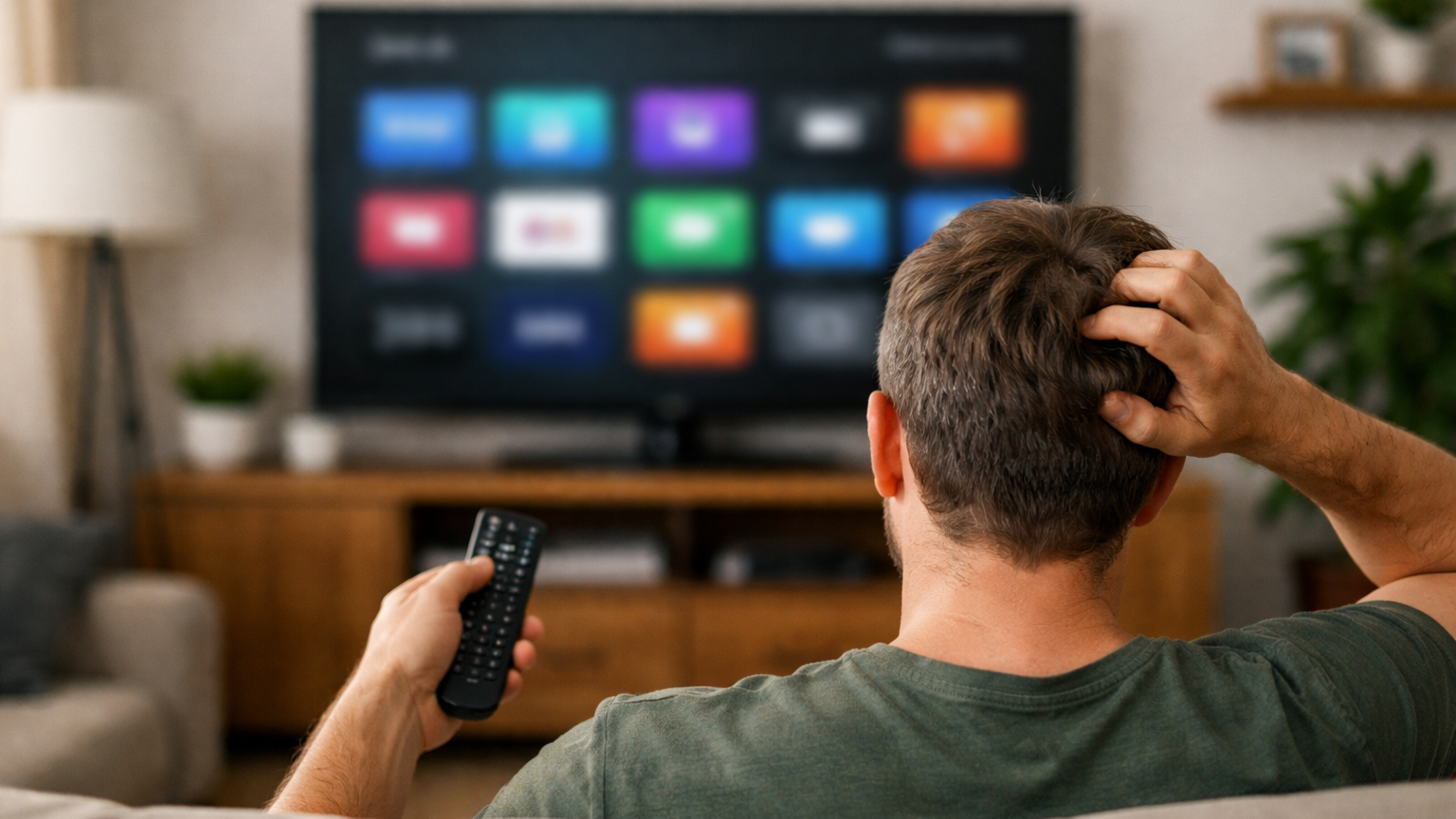 A confused person watching TV in a living room.