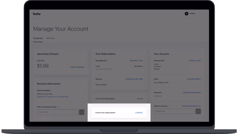 The Account page makes it easy to cancel your Hulu subscription.