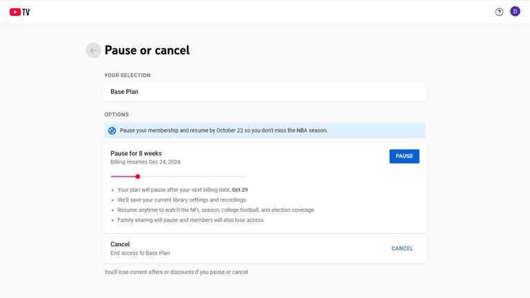 The next page will allow you to either pause or cancel your YouTube TV subscription.