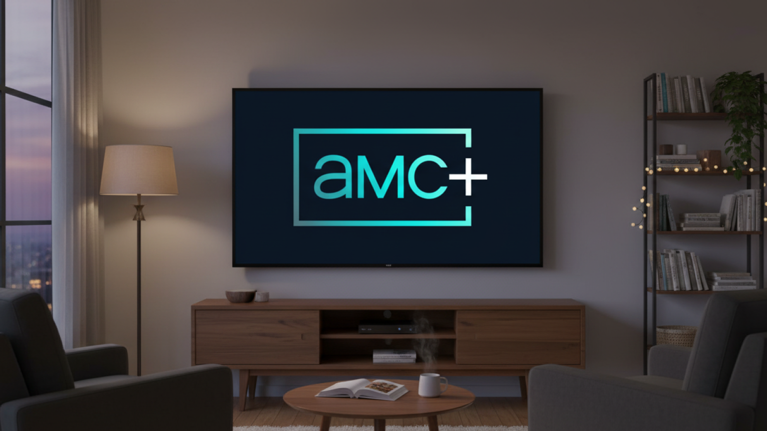 AMC+ on a TV screen in a living room, and instructions for cancelling a subscription.