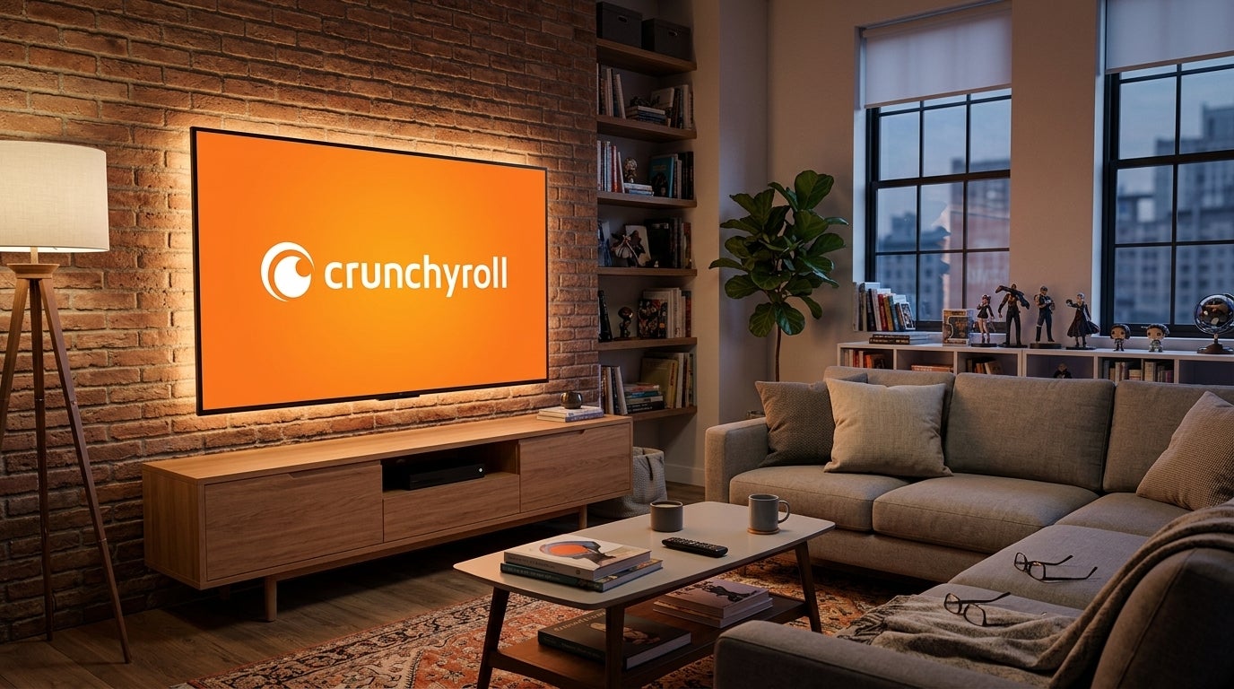 The Crunchyroll logo on a TV screen, and instructions for canceling a subscription.