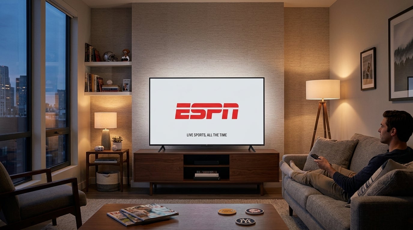 ESPN Unlimited on a TV screen, and instructions for canceling a subscription.