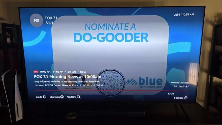 A local broadcast on a TV screen, and an explainer of whether Netflix offers local channels.