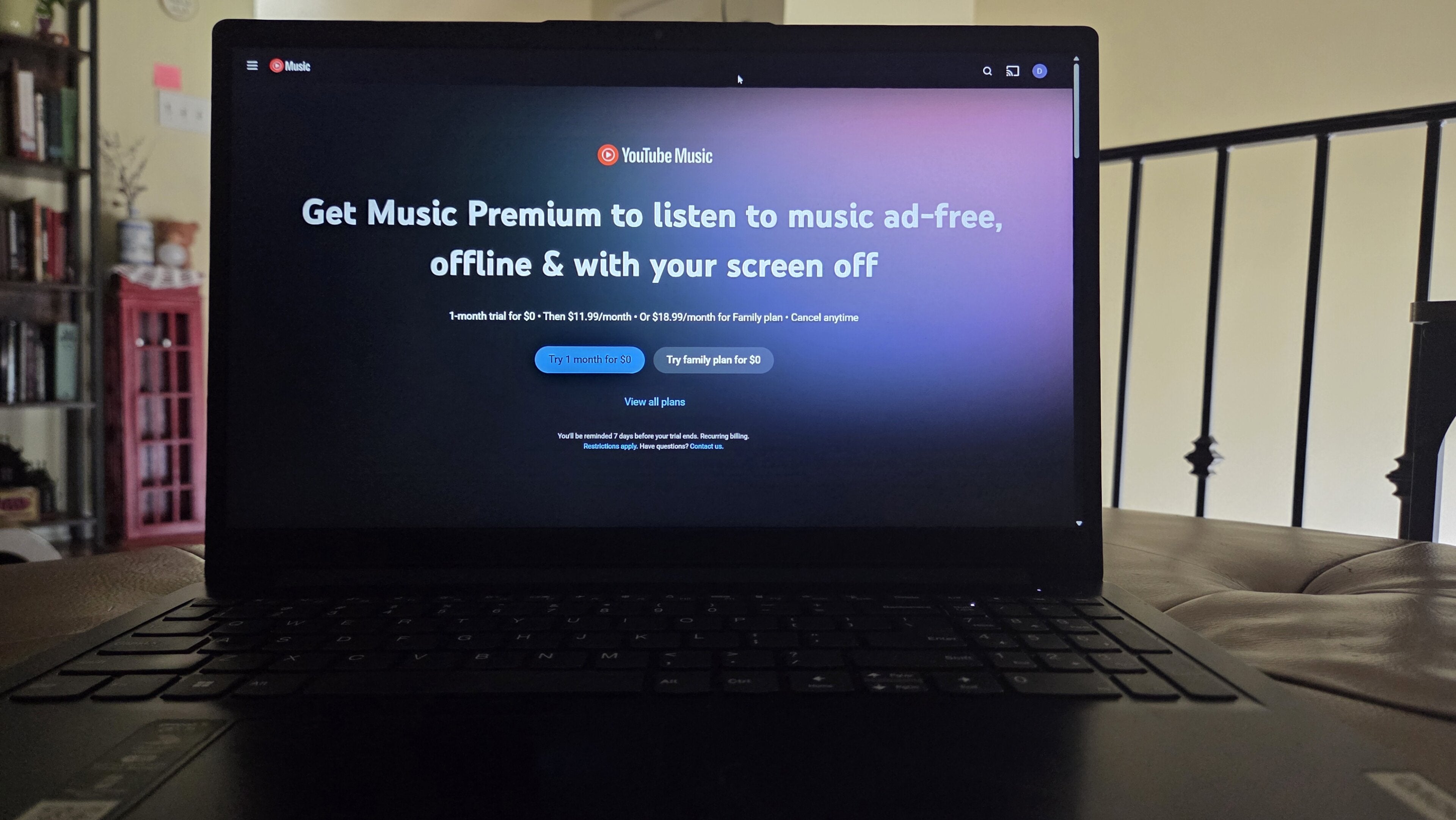 A guide for signing up for YouTube Music, as pictured on this laptop screen.