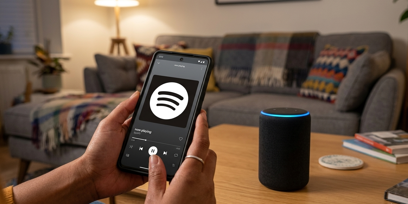 The Spotify logo on a phone as the owner uses it with an Alexa device.