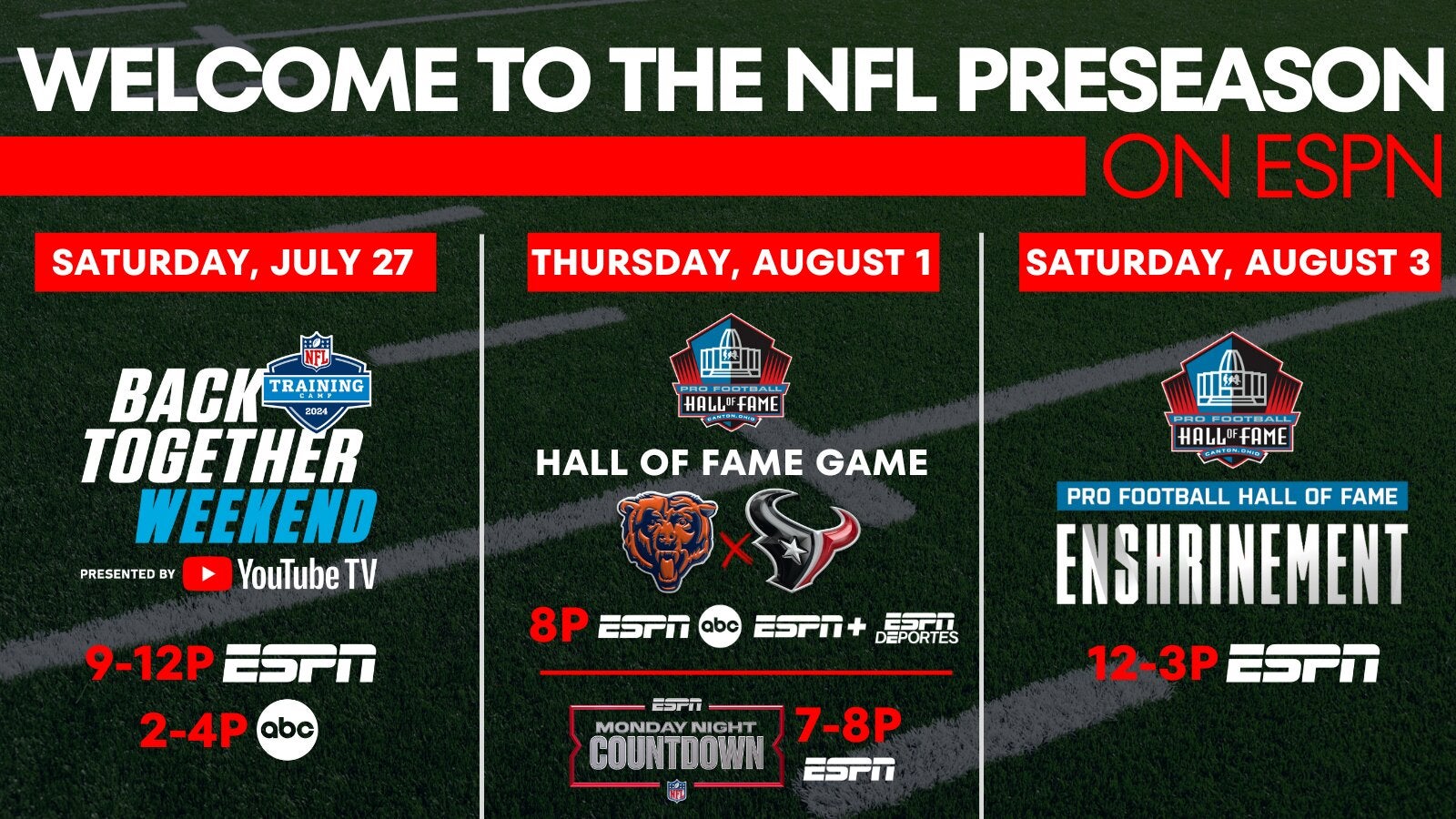 You can watch the 2024 NFL Hall of Fame preason game between the Chicago Bears and the Houston Texans on ESPN and ABC with a subscription to DIRECTV STREAM.