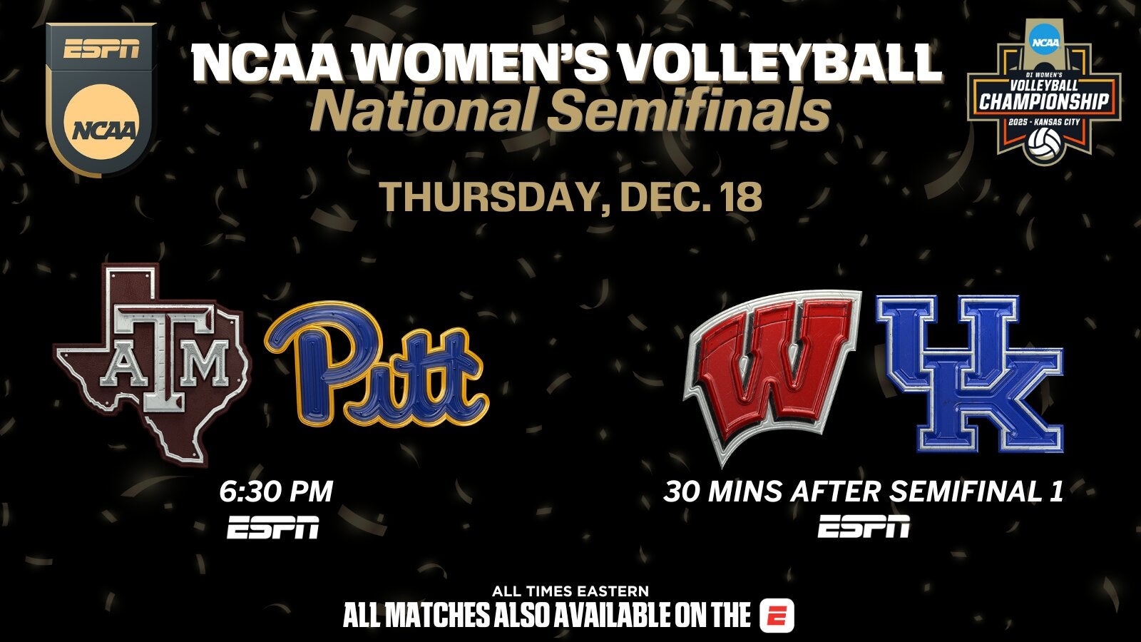 Matchups for the 2025 NCAA Women's Volleyball semifinals.