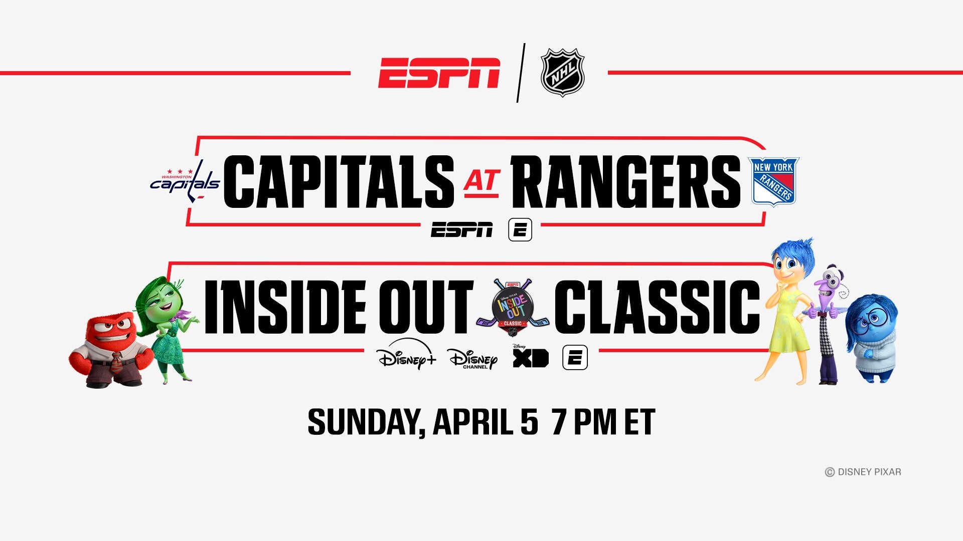 The Inside Out NHL Classic will be held on Sunday, April 5 at 7 p.m. ET