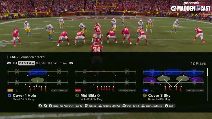 Peacock is offering a Madden NFL alt cast of Saturday's game between the Kansas City Chiefs and Houston Texans